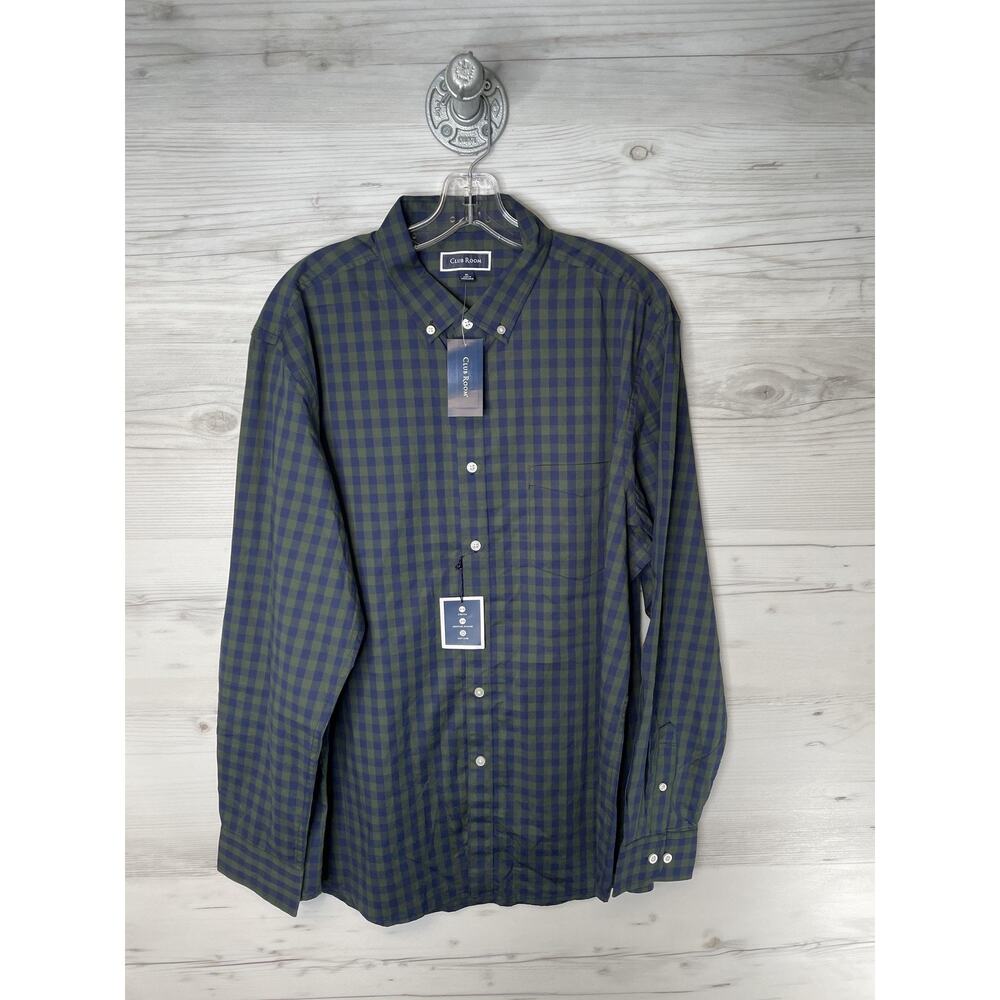Club Room Shirt Mens Extra Large Blue Green Plaid Perform Poplin Button Down